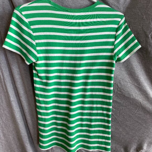 Ralph Lauren Sport Shirt Womens M Green White Striped U Neck Shirt Sleeve Pony * - Picture 3 of 4